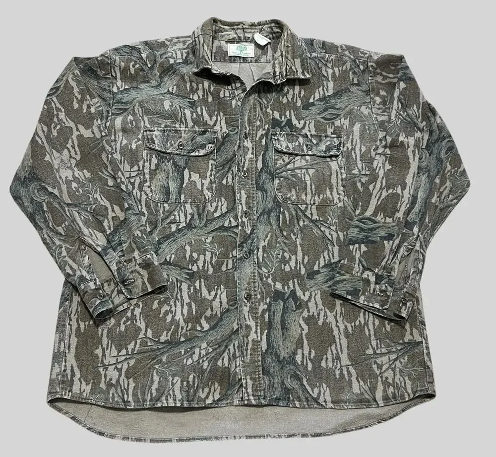 Vintage 80s Mossy Oak Tree Stand Camo Chamois Shirt Heavy Flannel Made in USA XL